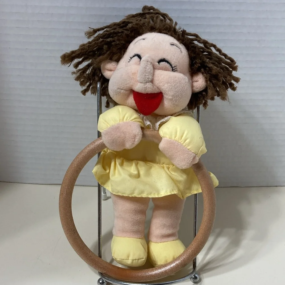 Emily Towel Hanger Plush Doll Yellow Dress Wooden Ring Holder 8” Whimsy Fun
